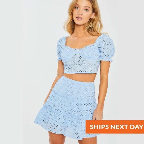 Woven Solid Puff Sleeve Top And Mini Skirt Set - Eyelet Skirt - Eyelet Crop Top - Picture 1 of 1